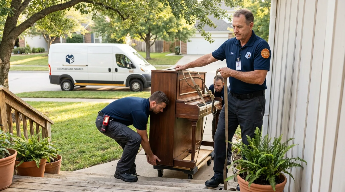 Licensed piano movers securing grand piano in Machias, ME